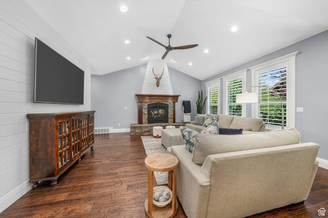 5982 N Rollins Ranch Rd W, Mountain Green, UT 84050 - living room with a ceiling fan, a stone fireplace, dark wood-style flooring, lofted ceiling, and recessed lighting