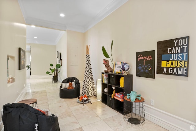 corridor featuring crown molding, recessed lighting, tile patterned flooring, and baseboards
