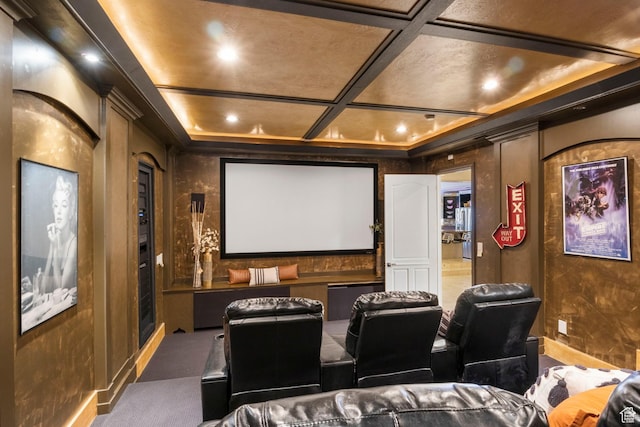 cinema room with recessed lighting and coffered ceiling