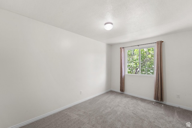 spare room featuring light carpet, a textured ceiling, and baseboards