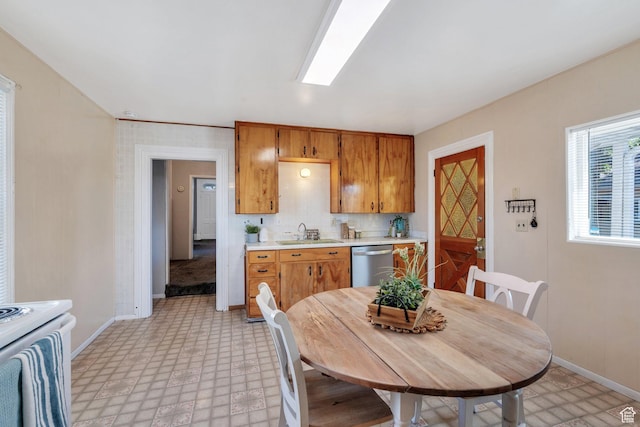 kitchen featuring stainless steel dishwasher, a sink, baseboards, light floors, and light countertops