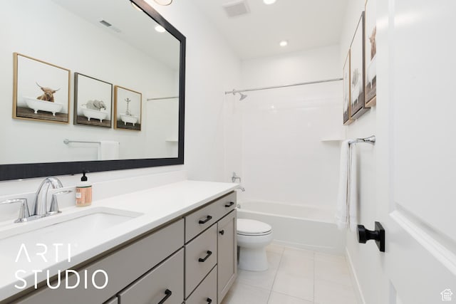 full bathroom with tile patterned flooring, toilet, vanity,  shower combination, and recessed lighting