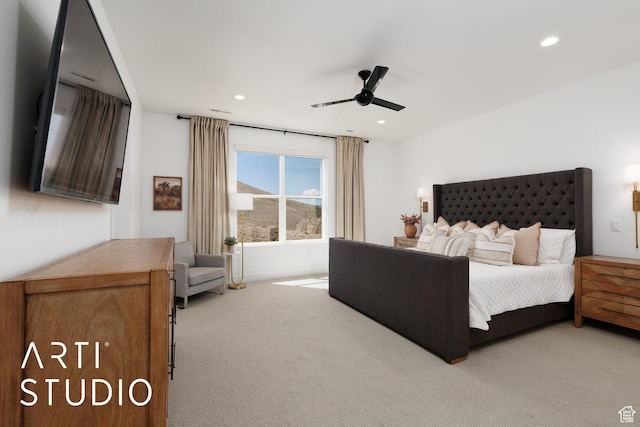 bedroom with carpet, recessed lighting, and a ceiling fan