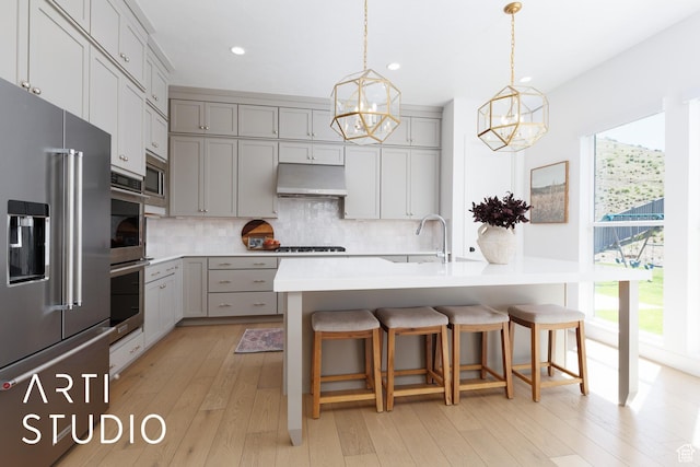 kitchen with appliances with stainless steel finishes, gray cabinetry, a chandelier, a sink, and under cabinet range hood