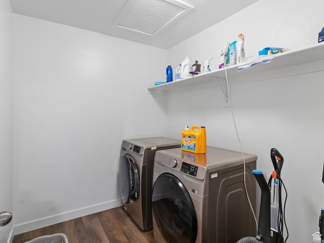 826 W 700 S, American Fork, UT 84003 - washroom featuring washing machine and dryer, dark wood-style floors, baseboards, and attic access