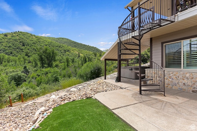 2333 S Falcon Way, Huntsville, UT 84317 - view of patio / terrace featuring stairway, a view of trees, and a mountain view