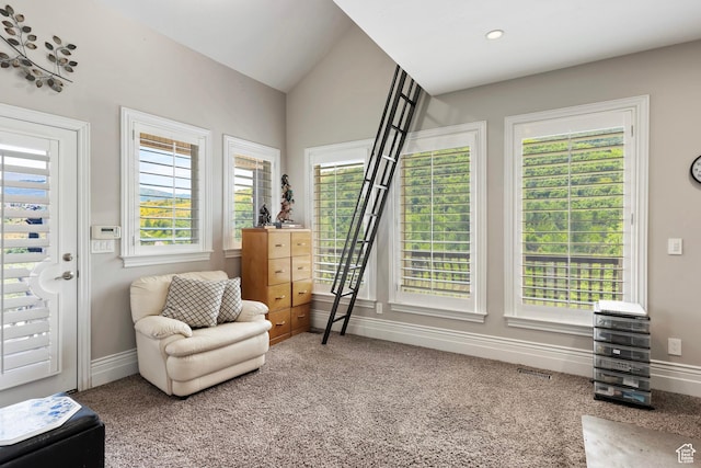 2333 S Falcon Way, Huntsville, UT 84317 - sitting room featuring carpet, healthy amount of natural light, baseboards, and vaulted ceiling