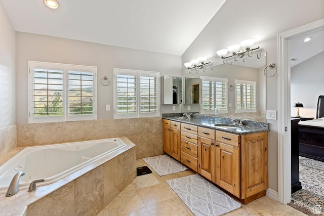2333 S Falcon Way, Huntsville, UT 84317 - full bathroom featuring vaulted ceiling, healthy amount of natural light, a jetted tub, double vanity, and recessed lighting