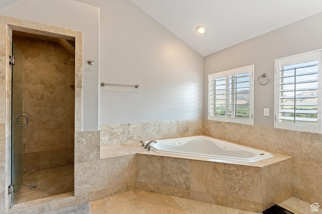 2333 S Falcon Way, Huntsville, UT 84317 - full bathroom with lofted ceiling, a stall shower, a garden tub, and recessed lighting