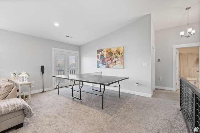 2859 W Country Classic Dr, Bluffdale, UT 84065 - rec room featuring carpet, baseboards, a chandelier, lofted ceiling, and recessed lighting
