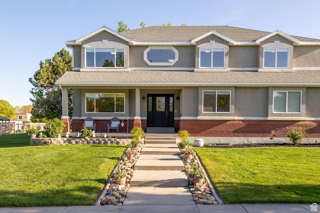 2859 W Country Classic Dr, Bluffdale, UT 84065 - view of front of house featuring brick siding, stucco siding, a porch, and a front yard