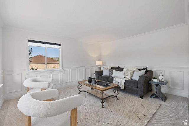 2859 W Country Classic Dr, Bluffdale, UT 84065 - living room featuring light carpet, wainscoting, a decorative wall, and ornamental molding