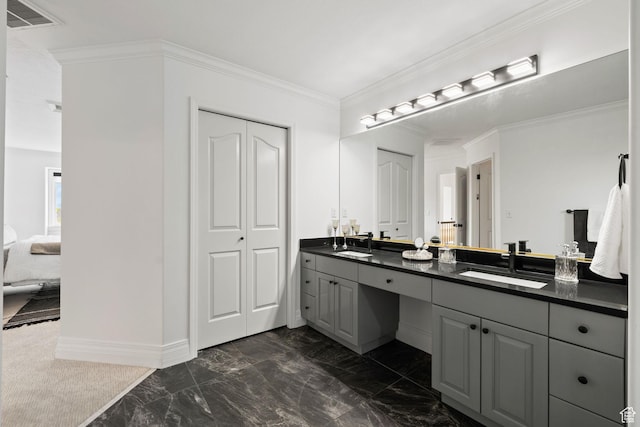 2859 W Country Classic Dr, Bluffdale, UT 84065 - bathroom featuring marble finish flooring, double vanity, crown molding, and baseboards