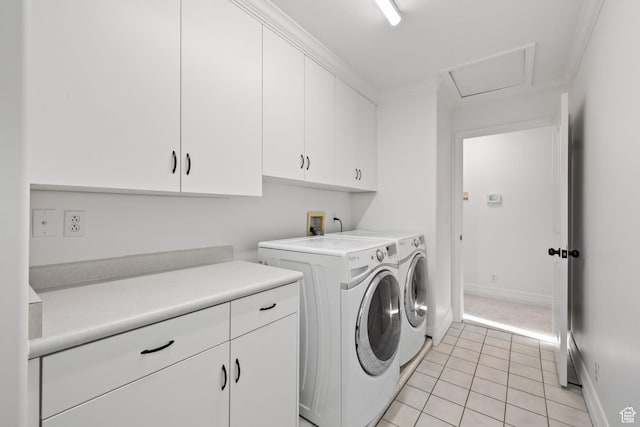 2859 W Country Classic Dr, Bluffdale, UT 84065 - clothes washing area with cabinet space, separate washer and dryer, light tile patterned flooring, baseboards, and crown molding