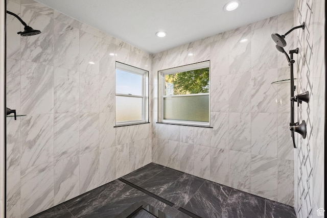 2859 W Country Classic Dr, Bluffdale, UT 84065 - full bath with tiled shower, marble finish floors, and recessed lighting