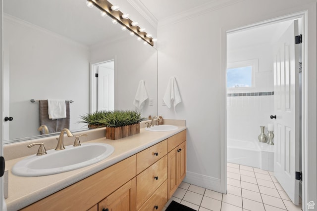2859 W Country Classic Dr, Bluffdale, UT 84065 - full bath with tile patterned flooring, double vanity, crown molding, and baseboards