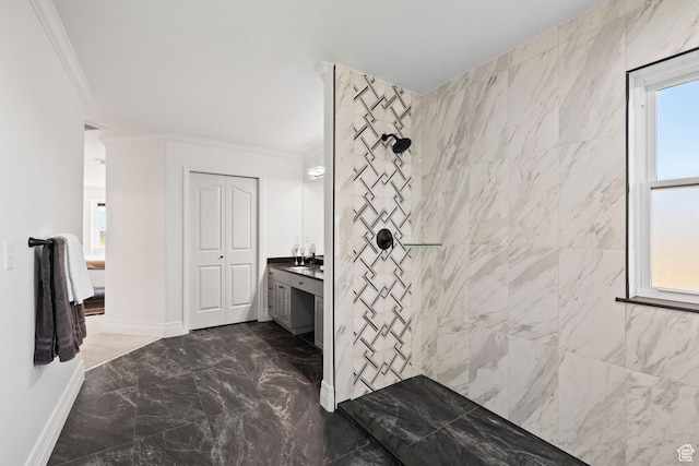 2859 W Country Classic Dr, Bluffdale, UT 84065 - bathroom with crown molding, a tile shower, marble tiled floors, vanity, and healthy amount of natural light