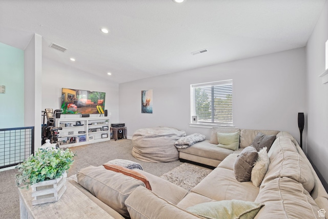 2859 W Country Classic Dr, Bluffdale, UT 84065 - living room with carpet floors, recessed lighting, and lofted ceiling