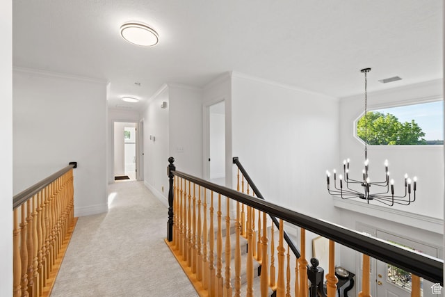 2859 W Country Classic Dr, Bluffdale, UT 84065 - hall with an upstairs landing, a chandelier, carpet, baseboards, and ornamental molding