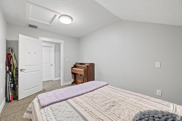 2859 W Country Classic Dr, Bluffdale, UT 84065 - bedroom with carpet, attic access, a textured ceiling, lofted ceiling, and baseboards