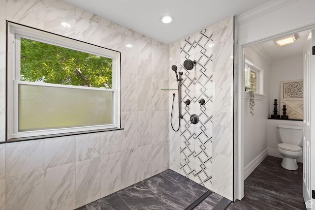 2859 W Country Classic Dr, Bluffdale, UT 84065 - bathroom with marble tiled flooring, ornamental molding, walk in shower, plenty of natural light, and toilet