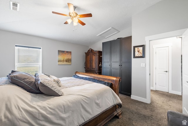 2859 W Country Classic Dr, Bluffdale, UT 84065 - bedroom with attic access, lofted ceiling, dark carpet, a closet, and ceiling fan