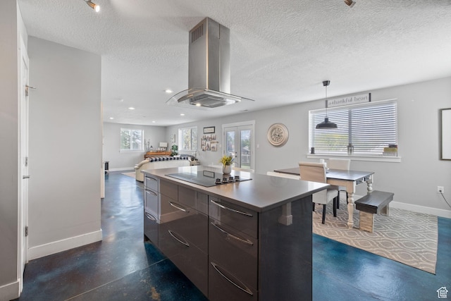 2859 W Country Classic Dr, Bluffdale, UT 84065 - kitchen featuring island range hood, black electric stovetop, baseboards, modern cabinets, and a textured ceiling
