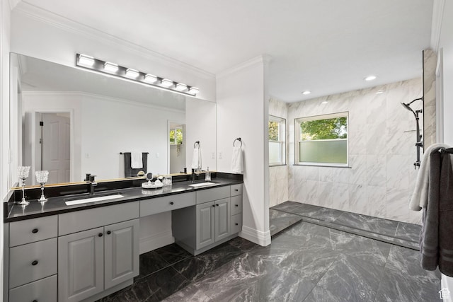 2859 W Country Classic Dr, Bluffdale, UT 84065 - full bath featuring marble tiled floors, a walk in shower, double vanity, plenty of natural light, and ornamental molding