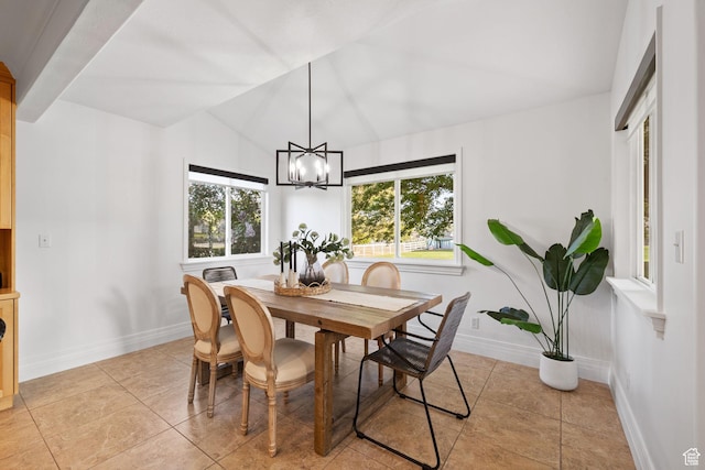 2859 W Country Classic Dr, Bluffdale, UT 84065 - dining area with lofted ceiling, baseboards, a chandelier, and light tile patterned floors