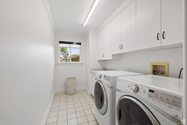 2859 W Country Classic Dr, Bluffdale, UT 84065 - washroom with cabinet space, crown molding, washing machine and clothes dryer, baseboards, and light tile patterned floors