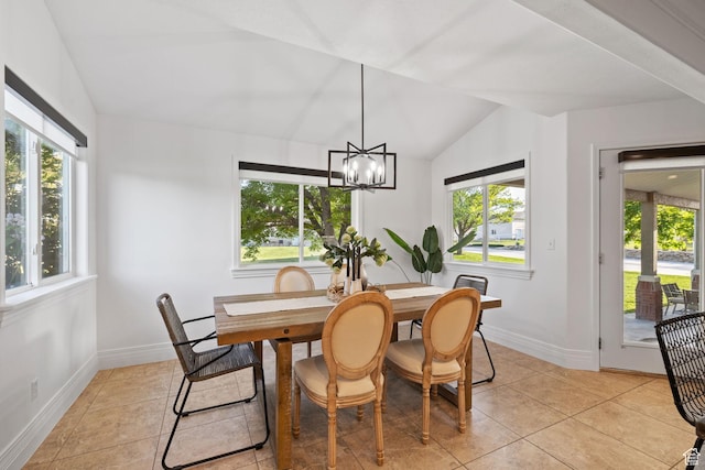 2859 W Country Classic Dr, Bluffdale, UT 84065 - dining room with lofted ceiling, baseboards, a chandelier, and light tile patterned flooring
