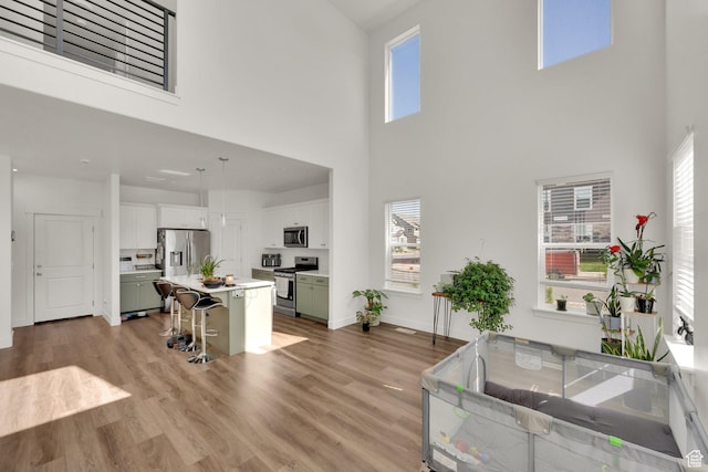 1293 N 3960 W Unit 457, Lehi, UT 84043 - living area featuring a towering ceiling, healthy amount of natural light, light wood-style flooring, and baseboards