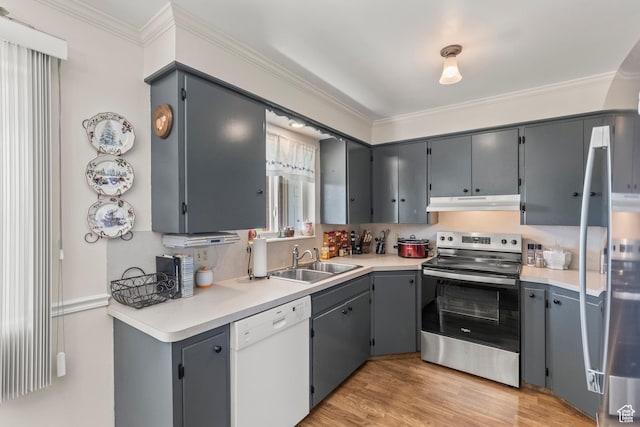 3647 Maple Creek Rd N, Franklin, ID 83237 - kitchen featuring stainless steel range with electric cooktop, a sink, dishwasher, ornamental molding, and gray cabinets