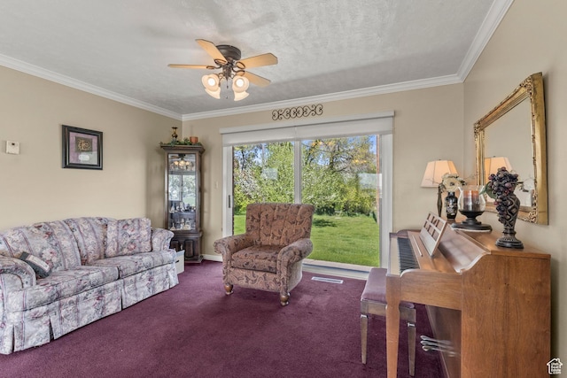 3647 Maple Creek Rd N, Franklin, ID 83237 - carpeted living room featuring crown molding and ceiling fan