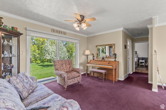 3647 Maple Creek Rd N, Franklin, ID 83237 - sitting room with ornamental molding, carpet floors, baseboards, a ceiling fan, and a textured ceiling