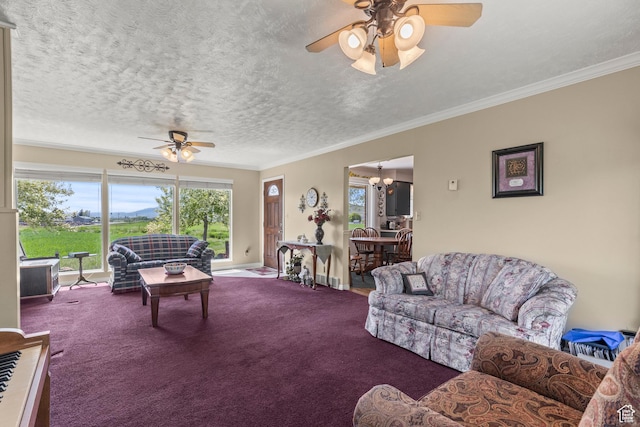 3647 Maple Creek Rd N, Franklin, ID 83237 - living room featuring ceiling fan, carpet, ornamental molding, a chandelier, and healthy amount of natural light