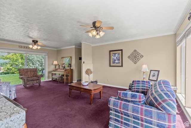 3647 Maple Creek Rd N, Franklin, ID 83237 - living area with a ceiling fan, carpet floors, crown molding, and baseboards