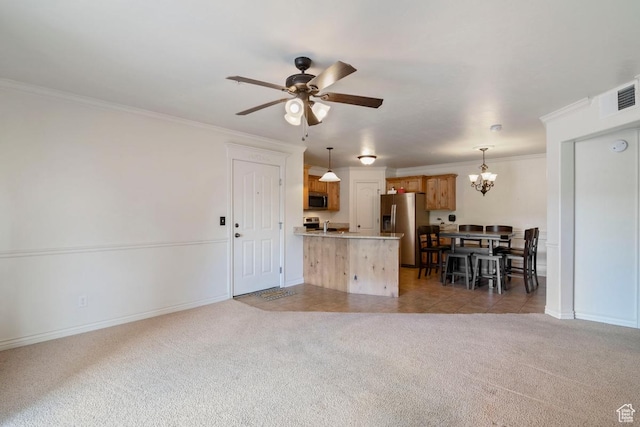 661 S 2220 W Unit 202, Pleasant Grove, UT 84062 - kitchen featuring stainless steel appliances, a chandelier, crown molding, a ceiling fan, and a peninsula