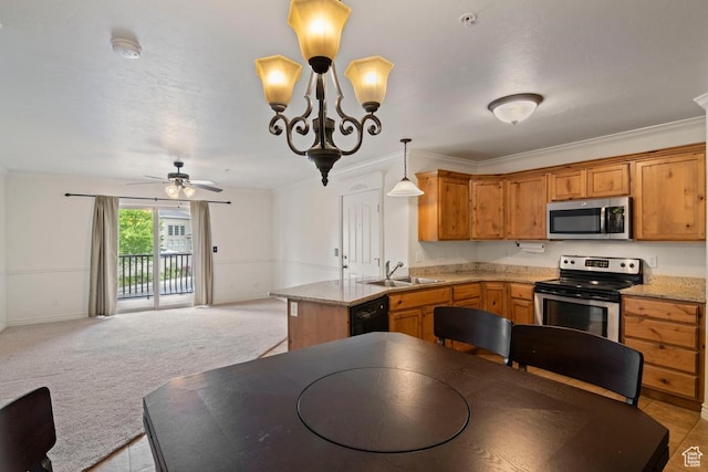 661 S 2220 W Unit 202, Pleasant Grove, UT 84062 - kitchen featuring appliances with stainless steel finishes, a sink, a peninsula, open floor plan, and ceiling fan