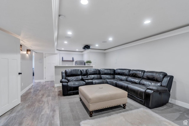 1565 E Smithfield Dr, Eagle Mountain, UT 84005 - living area with ornamental molding, recessed lighting, baseboards, and light wood finished floors