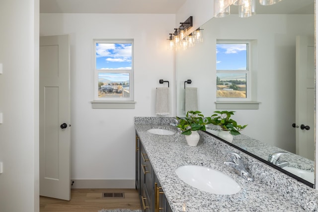 856 E 250 N, Hyrum, UT 84319 - full bath featuring wood finished floors, a chandelier, baseboards, and double vanity