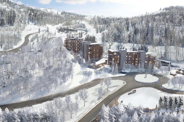 snowy aerial view with a mountain view