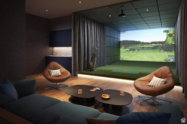 game room featuring golf simulator and wood finished floors