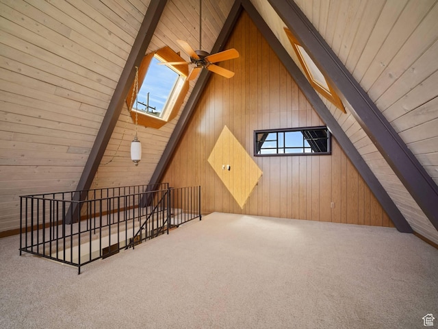 360 Crestview Dr, Park City, UT 84098 - additional living space featuring wooden walls, carpet, a skylight, wooden ceiling, and a ceiling fan