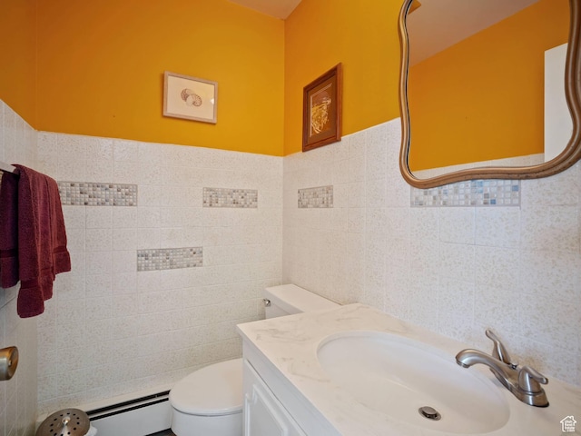 360 Crestview Dr, Park City, UT 84098 - bathroom featuring tile walls, a baseboard radiator, toilet, and vanity