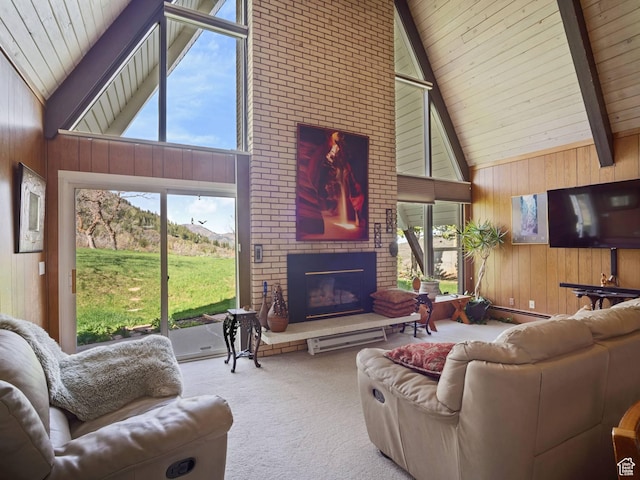 360 Crestview Dr, Park City, UT 84098 - carpeted living room featuring high vaulted ceiling, wooden walls, a brick fireplace, beam ceiling, and wooden ceiling