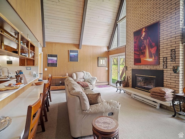 360 Crestview Dr, Park City, UT 84098 - carpeted living room featuring beam ceiling, a fireplace, high vaulted ceiling, wood walls, and a sink