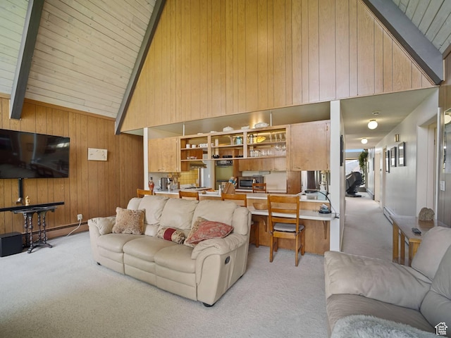 360 Crestview Dr, Park City, UT 84098 - living area with light colored carpet, wooden walls, high vaulted ceiling, and beam ceiling