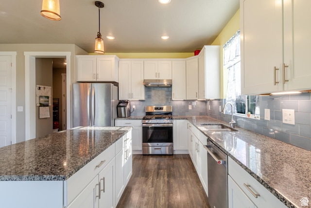 1517 E Kelsey Dr, Eagle Mountain, UT 84005 - kitchen featuring stainless steel appliances, a sink, under cabinet range hood, dark wood-style flooring, and white cabinetry