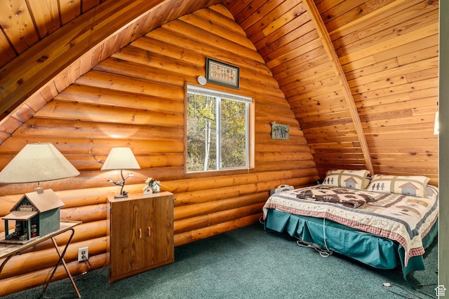 carpeted bedroom with vaulted ceiling, wooden ceiling, and rustic walls